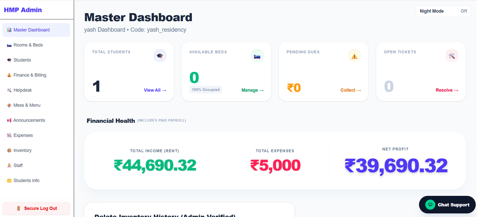 HMPL dashboard showing occupancy, collection and pending dues
